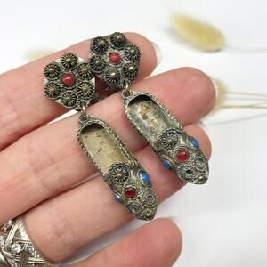 Vintage 3D Figural Syrian MOORISH Poulaine Shoes Turquoise Coral Clip On Earring